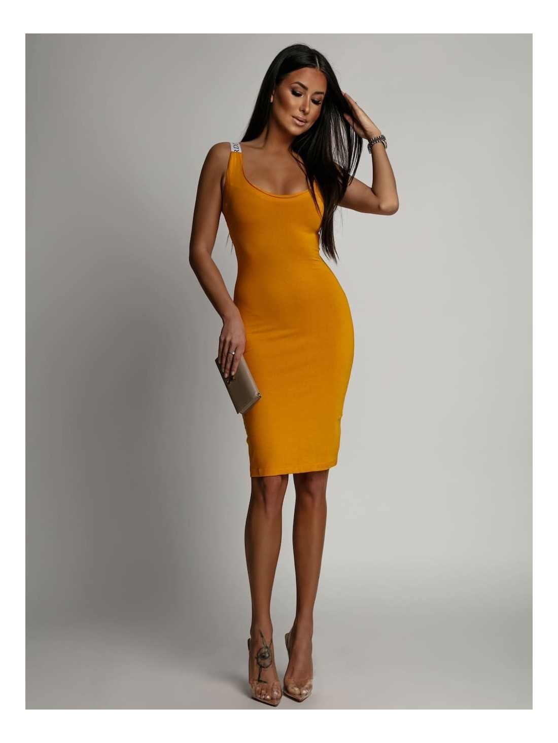 Basic dress with straps with a logo, mustard FK586 - Online store - Boutique